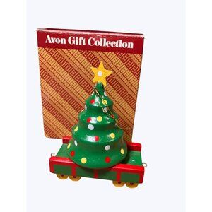Avon Gift Collection Christmas Train Tree Car Ornament Red Green Wooden With Box